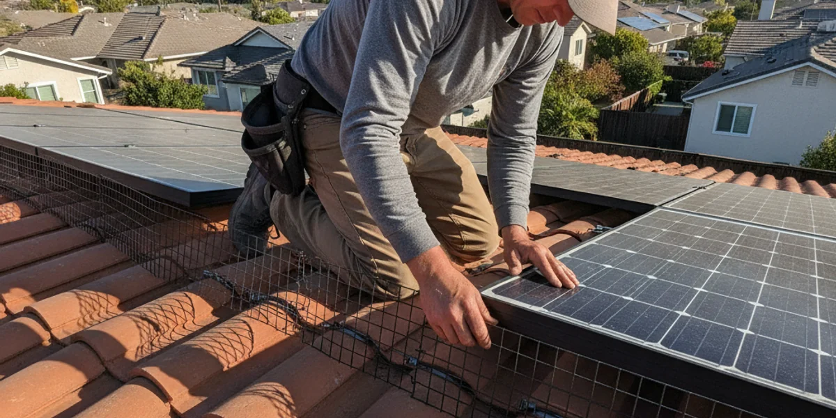 Critter guard bird mesh installed around the edge of rooftop solar panels