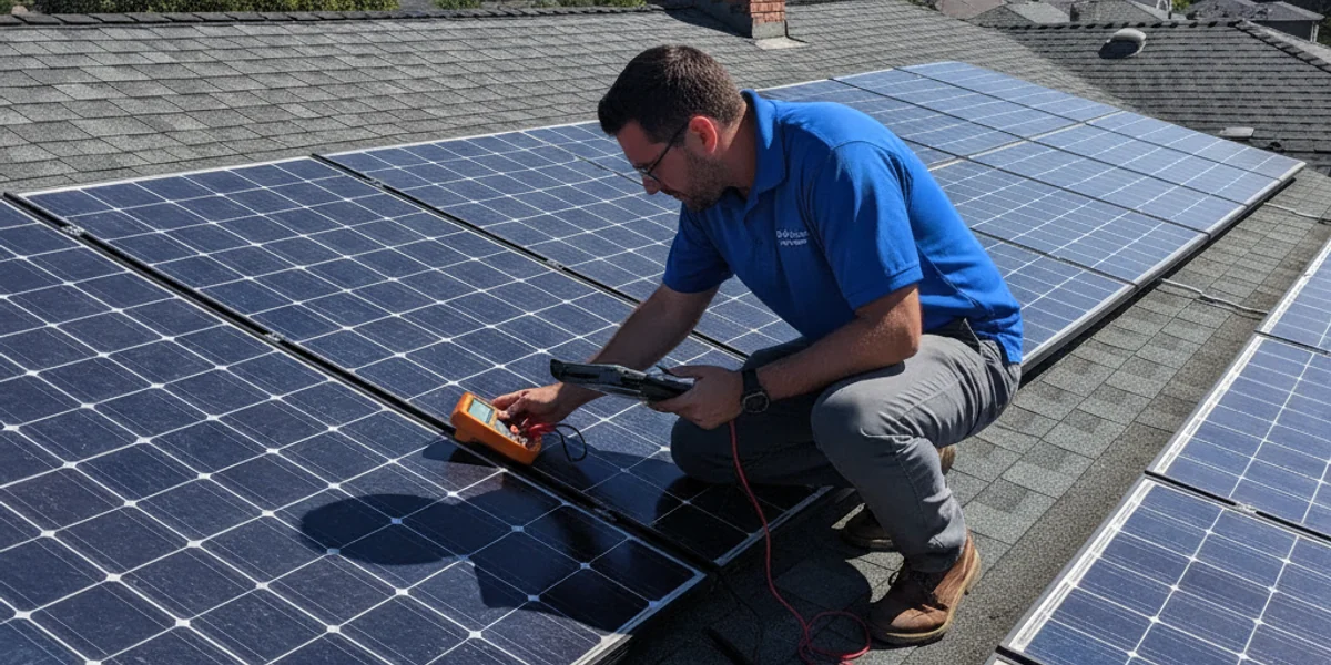 Technician inspecting solar panels with a meter for a performance check in San Mateo