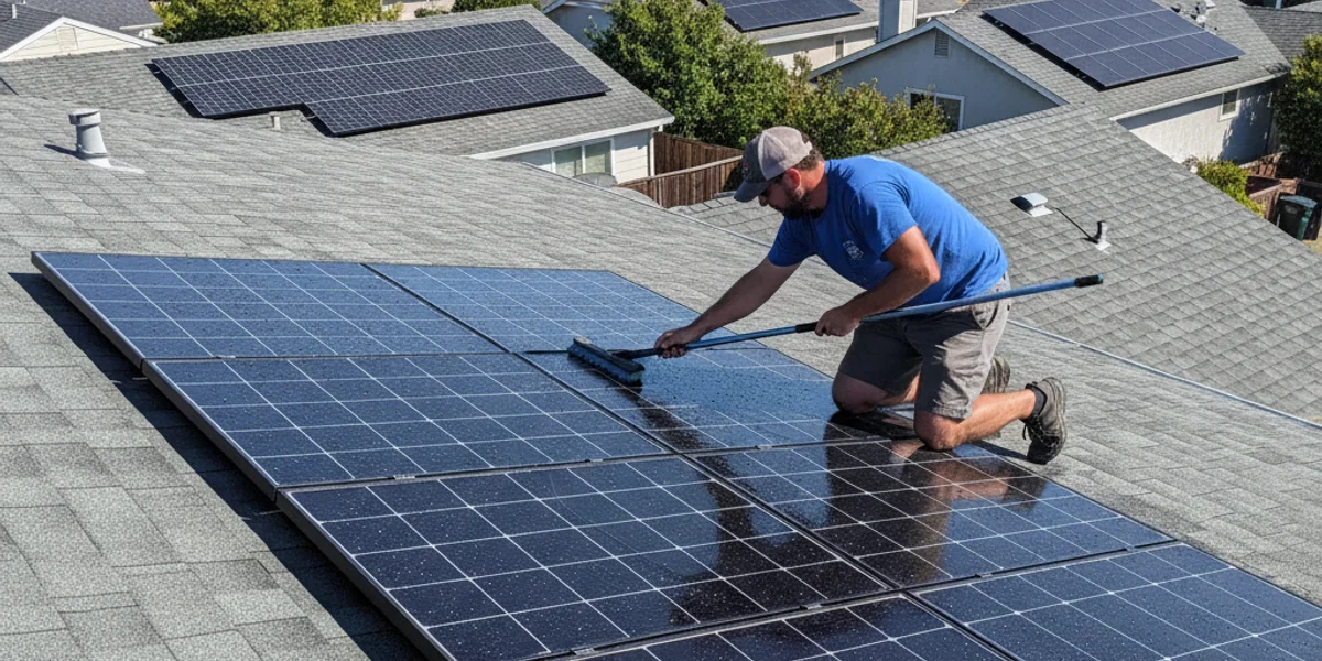 Residential rooftop solar panels being cleaned on a San Mateo home