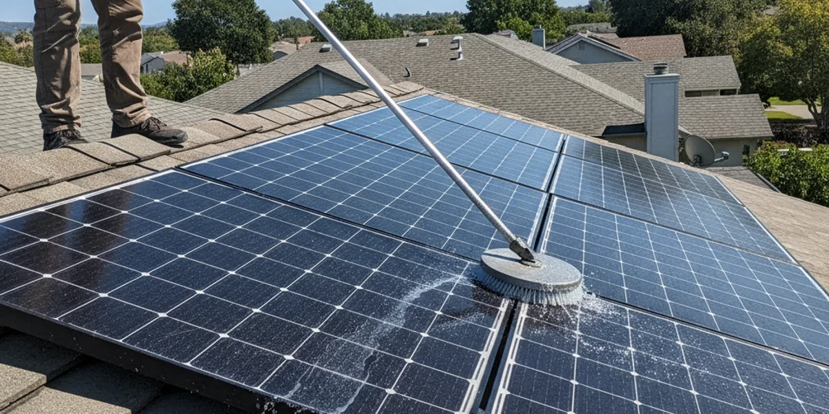 Pure-water soft-wash de-soiling of solar panels with a water-fed brush in San Mateo